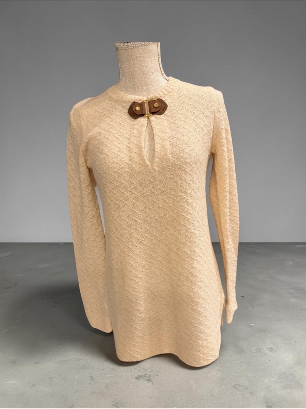 Tory Burch Cream Knit Long-Sleeve Tunic with Brown Leather Accent